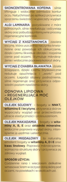 Zbliżenie etykiety kremu do oczu i ust, złote tło, czarny tekst o składnikach: kofeina, algi, oleje.