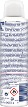 Rexona Pink Blush, biały antyperspirant w sprayu, tył opakowania z instrukcjami, składem i symbolami ostrzegawczymi.
