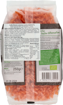 Tył opakowania bezglutenowego makaronu z czerwonej soczewicy Spirelli, pomarańczowe spiralki przez folię.