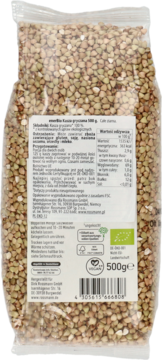 Tył przezroczystego opakowania kaszy gryczanej 500g, z etykietą pokazującą wartości odżywcze i certyfikaty wegańskie.