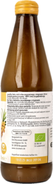 Sok z rokitnika z miąższem w brązowej butelce, widok z tyłu z białą etykietą i logo vegan.