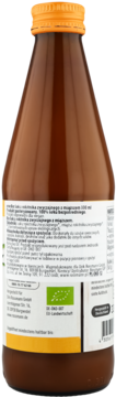 Tył brązowej butelki soku z rokitnika z miąższem, żółta nakrętka, etykieta z opisem i unijnym logo bio.