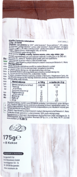 Tył opakowania czekoladowych ciasteczek enerBio 175g. Biała etykieta z tabelą wartości odżywczych i składnikami.