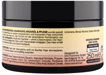 Tył czarnego słoiczka maski do włosów Argan & Pielęgnacja dla suchych włosów, z listą składników.