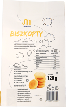 Tył białego opakowania Mamut Biszkopty z tabelą wartości odżywczych, wagą 120g i grafiką biszkoptów.