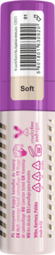 Tył mocno kryjącego korektora Lovely Liquid Camouflage, fioletowa tubka, naklejka Soft, cruelty-free i vegan.