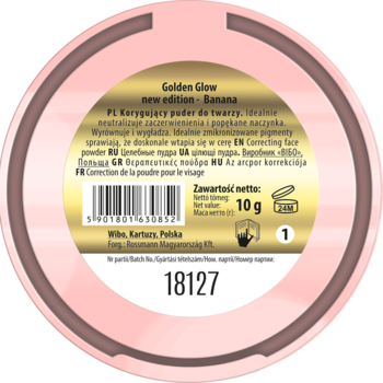 Tył okrągłego pudru do twarzy Lovely Golden Glow Banana 10g, różowe opakowanie ze złotą etykietą i tekstem.