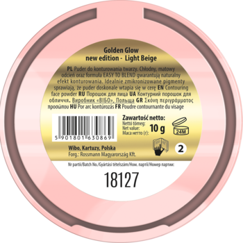 Tył okrągłego opakowania pudru do konturowania Lovely Golden Glow Light Beige 10g, różowe dno z etykietą i kodem.