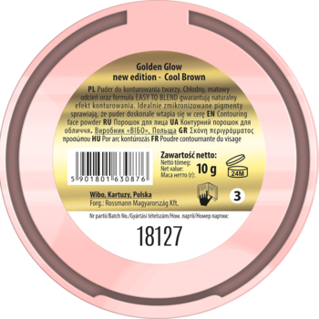 Tył różowego okrągłego opakowania pudru Lovely Golden Glow Cool Brown, z opisem i wagą 10g.