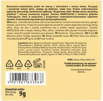 Tył żółtego opakowania pudru Bananowo-Czekoladowego z NANOCACAO 9g, ze składnikami i kodem kreskowym.