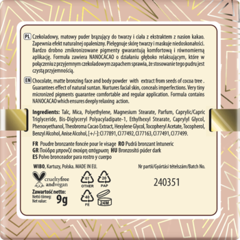 Tył opakowania matowego pudru brązującego z NANOCACAO, 9g. Widać polski opis i składniki produktu.