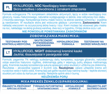 Dwie prostokątne etykiety kremu Mixa Hyalurogel NOC/NIGHT w języku polskim i litewskim, biało-niebieskie, z tekstem.
