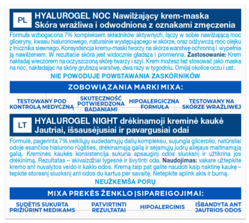 Fragment etykiety kremu-maski Mixa Hyalurogel Noc z opisem po polsku i litewsku dla skóry wrażliwej.