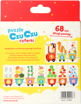Tył opakowania puzzli CzuCzu Cyferki. Kolorowy pociąg 68 cm z wagonami i liczbami 1-10, dla dzieci.