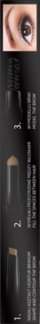 Brow Multifunction Styler 3w1: narzędzia do stylizacji brwi (sztyft, puder, szczoteczka) w 3 krokach na czarnym tle.