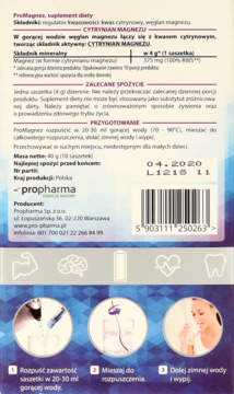 Tył opakowania suplementu diety ProMagnez w fioletowo-niebieskim kolorze z białym tekstem i kodem kreskowym.