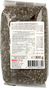 Tył przezroczystego opakowania 300g bio nasion chia Salvia hispanica z etykietą, widoczne wartości odżywcze i kod.