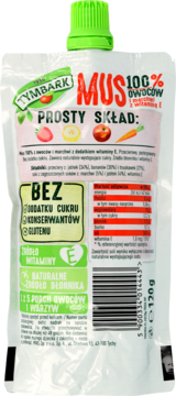 Biała saszetka Tymbark Mus 100% owoców z witaminą E, truskawka, jabłko, banan, marchew, widok z przodu. Zielona nakrętka.