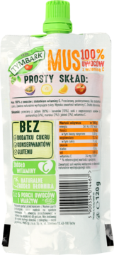 Tymbark Mus 100% owoców z wit. C, tył białej saszetki z zieloną nakrętką, bez cukru, konserwantów i glutenu.