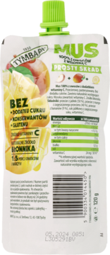 Tymbark Mus mango, jabłko, banan, biała saszetka z zieloną nakrętką, widok z tyłu z tabelą wartości.