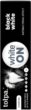 Tołpa Black White wybielająca pasta z węglem, czarne opakowanie z napisem 'White ON' i ilustracją wybielanego zęba.