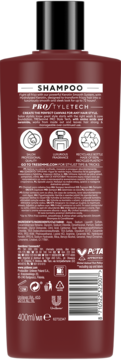 Tył bordowej butelki szamponu TRESemmé Keratin Smooth 400ml z etykietą, kodem kreskowym i logo PETA.