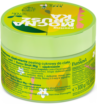 Okrągły zielony peeling cukrowy Farmona Tutti Frutti Mocna Gruszka 300g, widok z góry na wieczko.