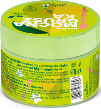 Zielony cukrowy peeling do ciała Tutti Frutti Mocna Gruszka Farmasi, widok z tyłu, etykieta z opisem i EAN.
