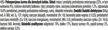 Zbliżenie na etykietę karmy dla dorosłych kotów, czarny tekst z listą składników i wartości odżywczych.
