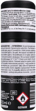Tył czarnego sprayu Isana Professional do retuszu odrostów, 100ml. Widoczne ostrzeżenia, składniki i symbol ognia.