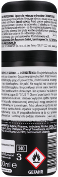 Tył czarnego sprayu Isana Professional Ciemny Brąz, z etykietą, ostrzeżeniami i piktogramem łatwopalności.