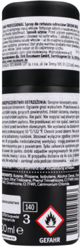 Zbliżenie na tył czarnego sprayu Isana do odrostów w kolorze średniego brązu, widoczne ostrzeżenia i symbol ognia.