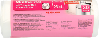 Różowe opakowanie worków na śmieci Rossmann 25L z uchwytami, 30 sztuk, wymiary 53x54cm. Widok przód.