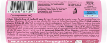 Różowy tył opakowania worków na śmieci Rossmann z kodem kreskowym, opisem w języku polskim i ikonami recyklingu.