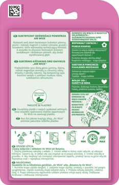 Tylna strona różowego opakowania elektrycznego odświeżacza powietrza Air Wick Białe Kwiaty z opisem i instrukcją użycia.