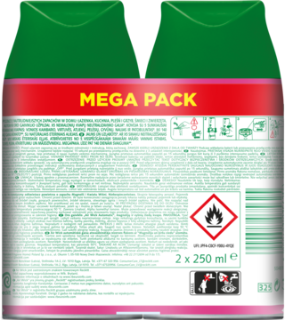 Tył opakowania Air Wick Freshmatic, wkład kwitnąca wiśnia, "MEGA PACK", zielono-różowe z symbolem zagrożenia i "2x250 ml".