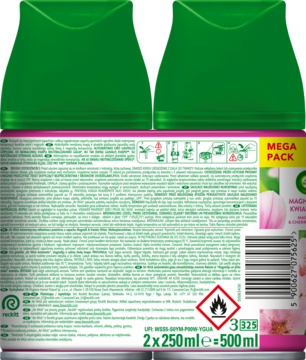 Tył opakowania wkładu Air Wick Freshmatic Magnolia i Kwiat Wiśni, 2x250ml. Widoczny kod kreskowy, znak łatwopalności i zielone tło.