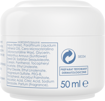 Biały słoik kremu nawilżającego 50 ml, widok z tyłu, z czytelnym tekstem „50 ml e” oraz listą składników.
