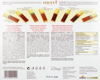 Tył opakowania czekoladek Merci (250g), z opisem 8 smaków i ostrzeżeniami o alergenach.