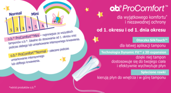 Różowa grafika o.b. ProComfort z tabelą chłonności Mini/Normal, jednorożcem i białym tamponem.