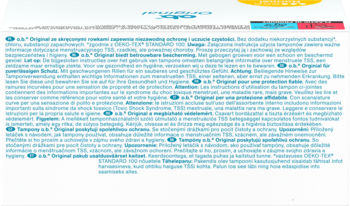 Tampax Original: biała ulotka produktowa z tekstem o niezawodnej ochronie i technologii staydry.