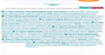 Ulotka informacyjna tamponów o.b. Original z tekstem w wielu językach i kolorowymi paskami u góry.