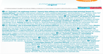 o.b. ProComfort: zbliżenie na wielojęzyczny opis tamponów z technologią Dynamic Fit na ulotce.
