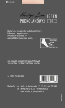 Tył szarego opakowania podkolanówek Prestige Line 15 DEN, transparentnych z efektem make-up 3D i składem.