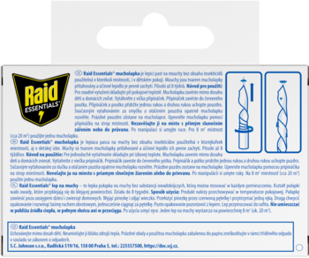 Tył białego opakowania Raid Essentials lep na muchy z niebieskimi ilustracjami użycia i wielojęzycznymi instrukcjami.