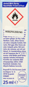 Białe opakowanie domol Mini-Spray Fresh & Pure 25ml z ostrzeżeniem o łatwopalności i danymi Rossmann, widok z tyłu.