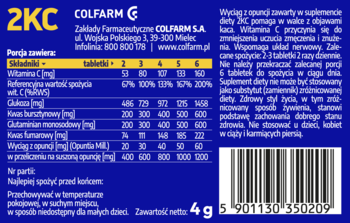 Tył opakowania suplementu 2KC Colfarm na kaca, z tabelą składników i witaminą C, na niebieskim tle.