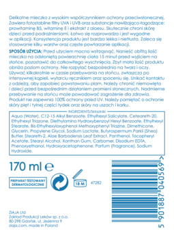Ziaja Ziajka SPF 30 mleczko w sprayu dla dzieci, tył białej butelki z listą składników i kodem kreskowym.
