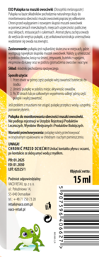 Tył opakowania pułapki na muszki owocówki, 15 ml. Widoczne informacje o produkcie, kod kreskowy i zielony gekon.