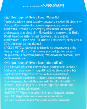 Tył opakowania Neutrogena Hydro Boost Water Gel, opis działania i składu w językach polskim i węgierskim.